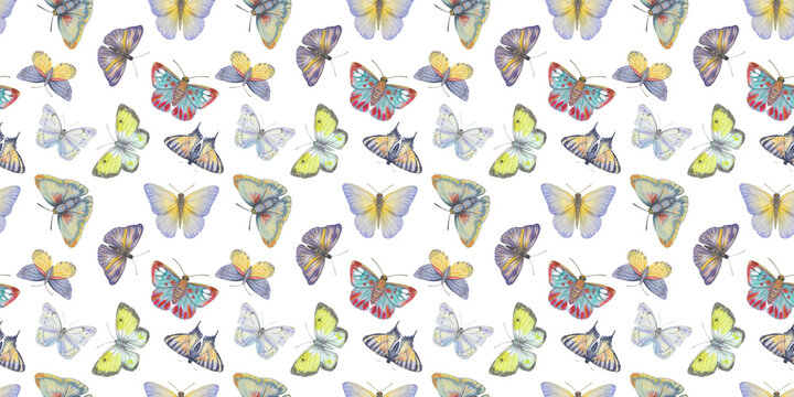 Abstract watercolor pattern, butterflies endless ornament, background for design, seamless pattern of bright flying butterflies, colorful hand drawn illustration for wallpaper, packaging and print