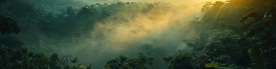 landscape of rainforest with fog from top view