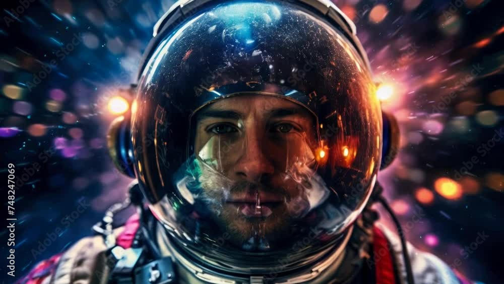 Poster close-up of a person wearing a space suit. suitable for science fiction projects.