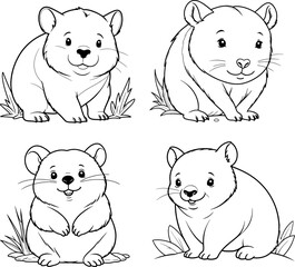 Wombat set hand drawn coloring page and outline vector design

