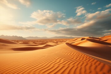 Fototapeta na wymiar Sand dunes dominate foreground, mountains loom in background in desert landscape
