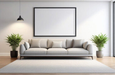 empty mockup picture frame on the wall, interior of a modern living room, lounge area with sofa and coffee table, minimalist interior, indoor plants, gray shades