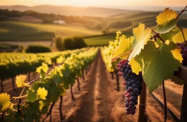 long summer vineyard, grape plantation to the horizon, harvesting, wine production, sunny day,...