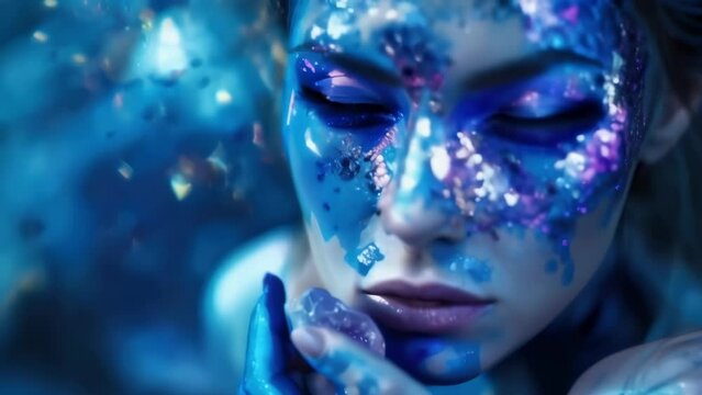 A portrait of a woman with intricate face paint in shades of blue and purple, her eyes shimmering with sparks as she holds a crystal in her hand.