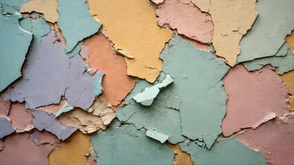 Detailed view of cracked old wall and numerous layers of peeling pastel-colored paint, revealing history. Rustic, worn and weathered charm multicolored surface. Vintage and distressed. Copy space.