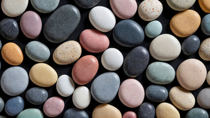 Natural stone background. Multicolored polished pebbles are tightly randomly stacked on a black background. Smooth flat river pebbles. Full frame shot of rocks.  Top view. Close-up.