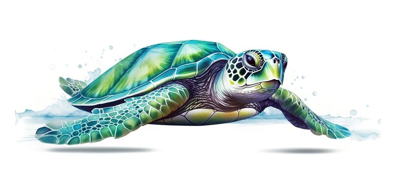 Watercolor cartoon vector illustration of a cute Turtle in bright colors swimming in the sea. isolated on white background.