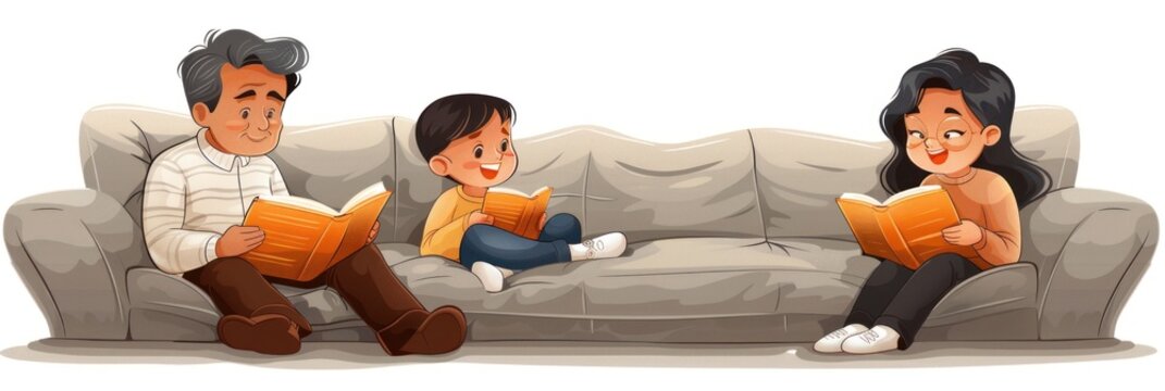 A man, a woman and a boy are sitting on a sofa, immersed in the books they are reading
