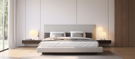 A spacious bedroom featuring a large bed, sliding glass door, minimalistic modern luxury design, decorative panel in the headboard, parquet flooring, white walls, and decorative lighting.