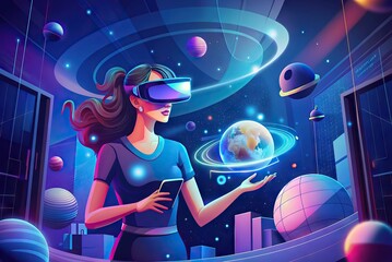 3D woman in a virtual reality scenario with various elements. Generative AI