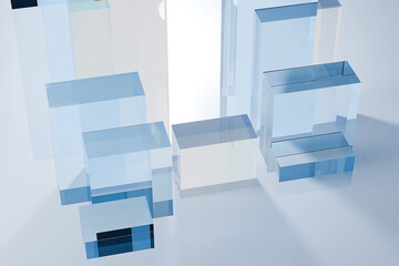 Glass podium with complex reflection and hard shadows on background. 3d stands