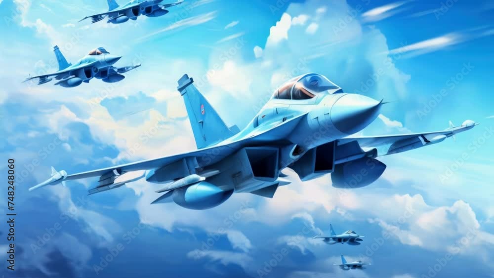 Poster fighter jets soaring through a dramatic cloudy sky. suitable for military and aviation concepts.