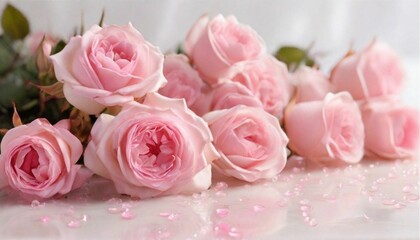 pink roses on a white marble floor