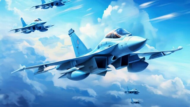 Fighter jets soaring through a dramatic cloudy sky. Suitable for military and aviation concepts.