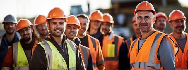 Fototapeta premium Group of workers show themselves as a team