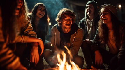 Fototapeta premium A group of young people sit around a campfire and celebrate