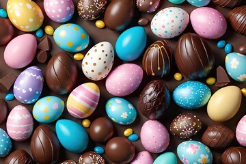 Easter, greeting card with Easter chocolate eggs. - obrazy, fototapety, plakaty