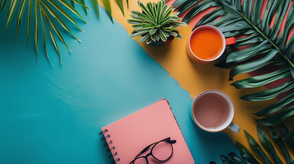 Flat lay composition of a pink notebook, glasses, and two cups of tea on a vibrant dual-tone background with tropical leaves