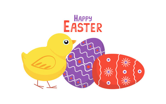 Chicken and eggs. Easter set of painted Easter eggs. Cartoon yellow chicks. Banner, postcard with the festive inscription "Happy Easter". Decor for Easter, vector illustration. Background isolated.