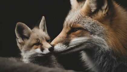 Tender Moment: Close-up Macro Photography of Mother Fox Nuzzling Baby Fox
