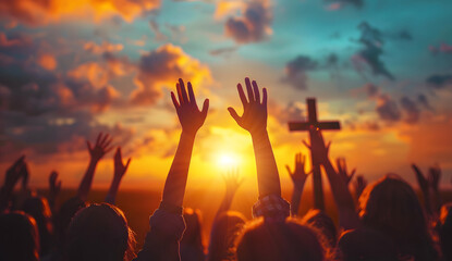 hands raised up to a cross with sunset background - obrazy, fototapety, plakaty