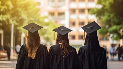 Three young women in graduation gowns stand with their backs to the camera. The leftmost woman has long, dark hair and a yellow tassel on her cap.