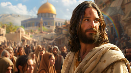 Obraz premium A photograph of Jesus with people around him, serene expression
