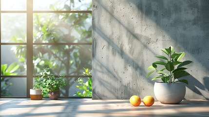 Indoor plants in pots with oranges on a wooden table near a window with sunlight. Modern interior design and healthy lifestyle concept with copy space. Design for poster, banner, home decor