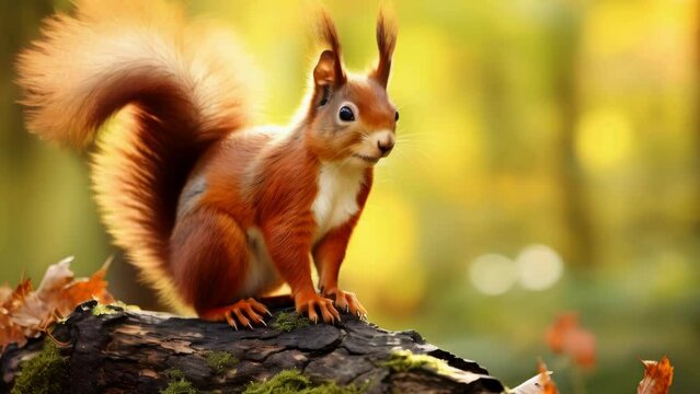 A red squirrel perched on a log in the forest. Perfect for nature and wildlife themes.