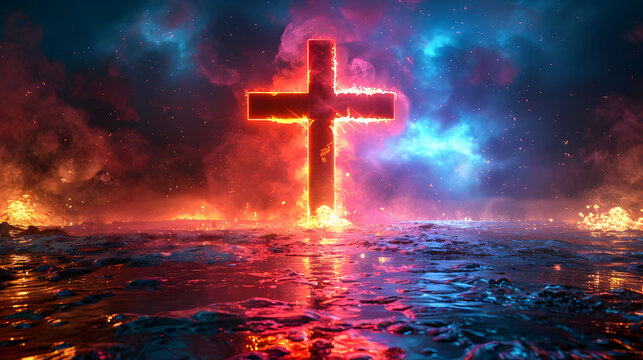 A cross glowing in color fire