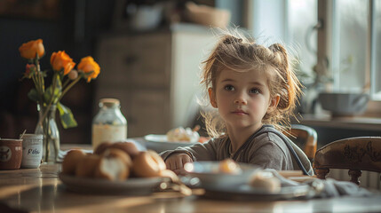 Young girl sitting at the kitchen table with morning light. Family, breakfast, and childhood concept with copy space. Design for banner, lifestyle magazine