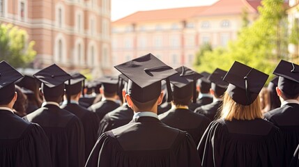 A group of university graduates in their caps and gowns line up in the quad on graduation day.