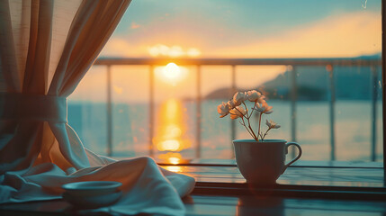 Cup with flowers on a table against a sunset background through a window. Relaxation and home comfort concept with copy space. Design for banner, home decor, lifestyle magazine