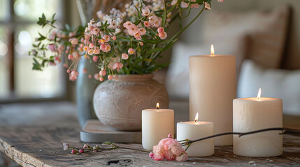 Lit candles on rustic wooden table with pink flowers in a ceramic vase. Cozy home interior with copy space. Relaxation and home comfort concept for design and print