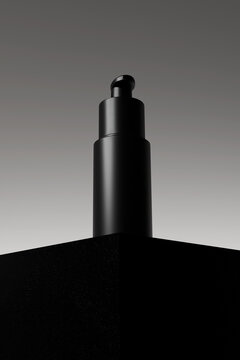 Dark cosmetic bottle on podium, cosmetics for men's skin care. 3d render