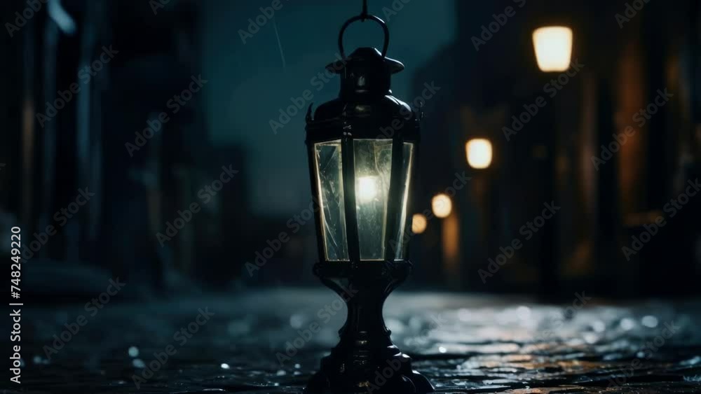 Poster a glowing lantern illuminating a rainy night. suitable for various atmospheric concepts.