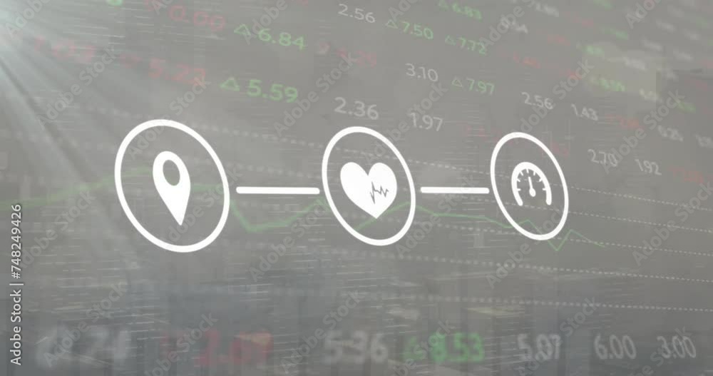 Poster animation of network of gps, health and data loading icons over processing data