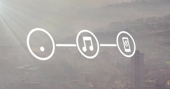 Animation of network of wifi and media icons over modern cityscape