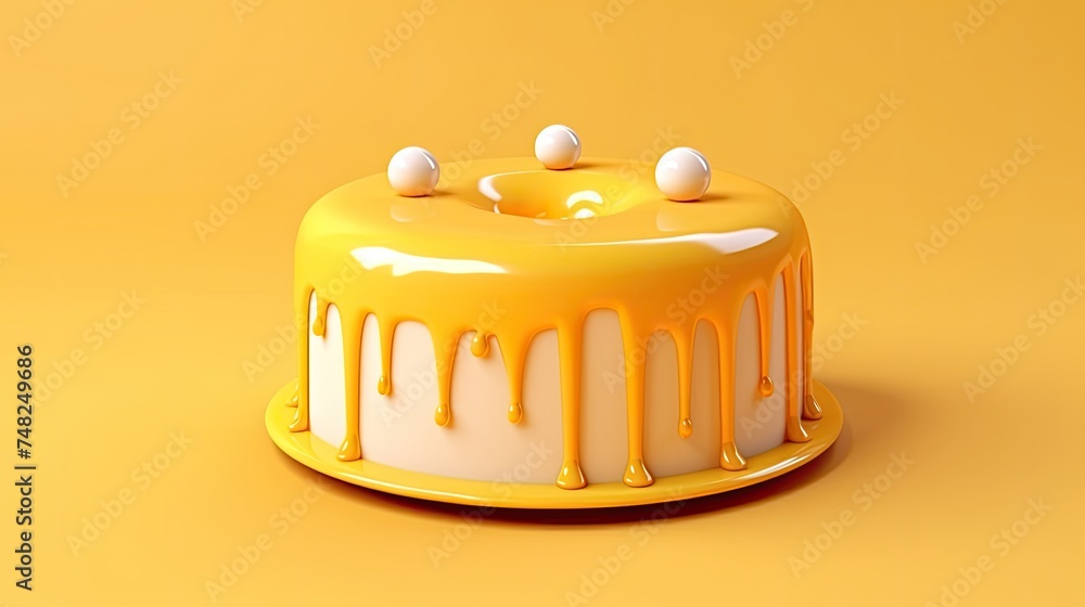 Poster 3d rendering of a yellow cake with a smooth surface and a glossy finish. the cake is decorated with 