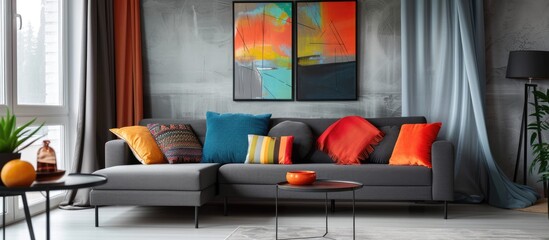 A spacious living room filled with various furniture pieces including a colorful painting hanging on the wall. The room features a grey sofa, a coffee table, and other decor elements.