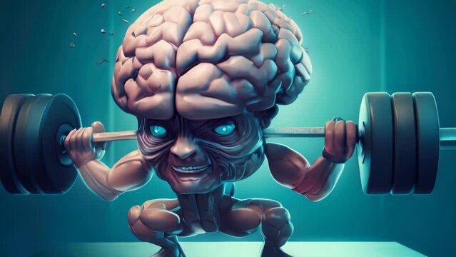 Cartoon character lifting weights with a brain in the background, suitable for educational and fitness concepts.