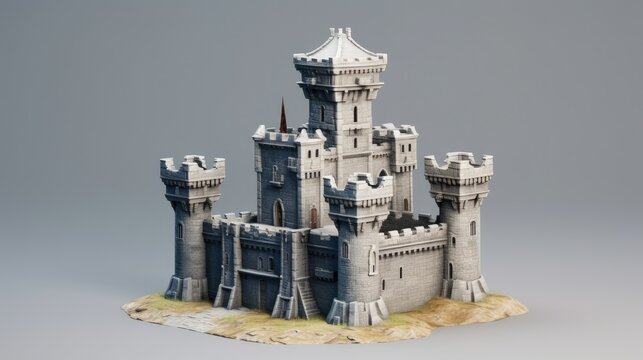 A 3D rendering of a medieval castle. The castle is made of gray stone and has four towers.