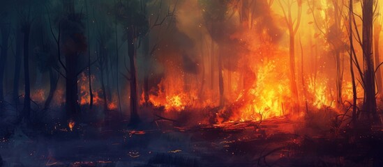 A raging fire burns through a dense forest, consuming countless trees and emitting thick smoke. The intense heat distorts the surroundings, while burning gases create intense evaporation.