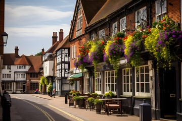 Fototapeta premium Charming Aylesbury Town Centre Highlighting Historic Pubs and Traditional Cobblestone Streets