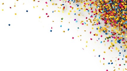 Colorful confetti falling on white background. Birthday party, celebration, carnival, anniversary, new year, Christmas, holiday concept.