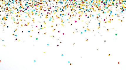 Colorful confetti falling on white background. Celebration, party, and holiday concept.