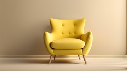Inviting Interior Atmosphere with 3D Yellow Sofa and Wingback Armchair. Suitable for Web Banner Display, Advertisement, Poster
