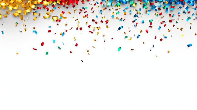 Colorful confetti falling on white background. Celebration and party.