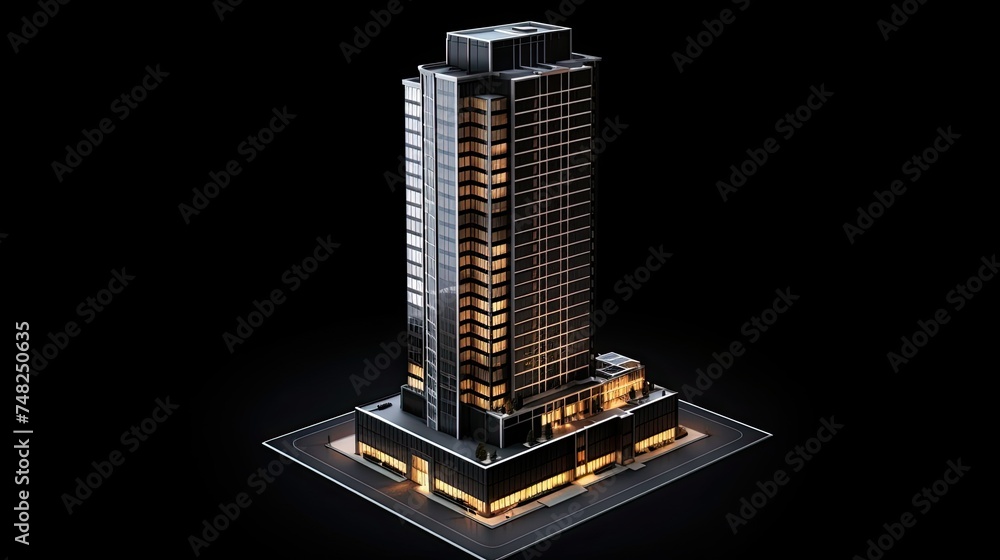 Poster 3d rendering of a modern skyscraper with dark glass windows. the building is illuminated by warm lig