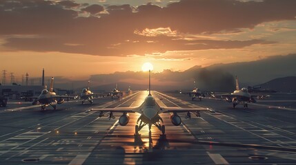 military fighter jet aircrafts parked on runway standby ready to take in sunset. AI generated illustration - obrazy, fototapety, plakaty